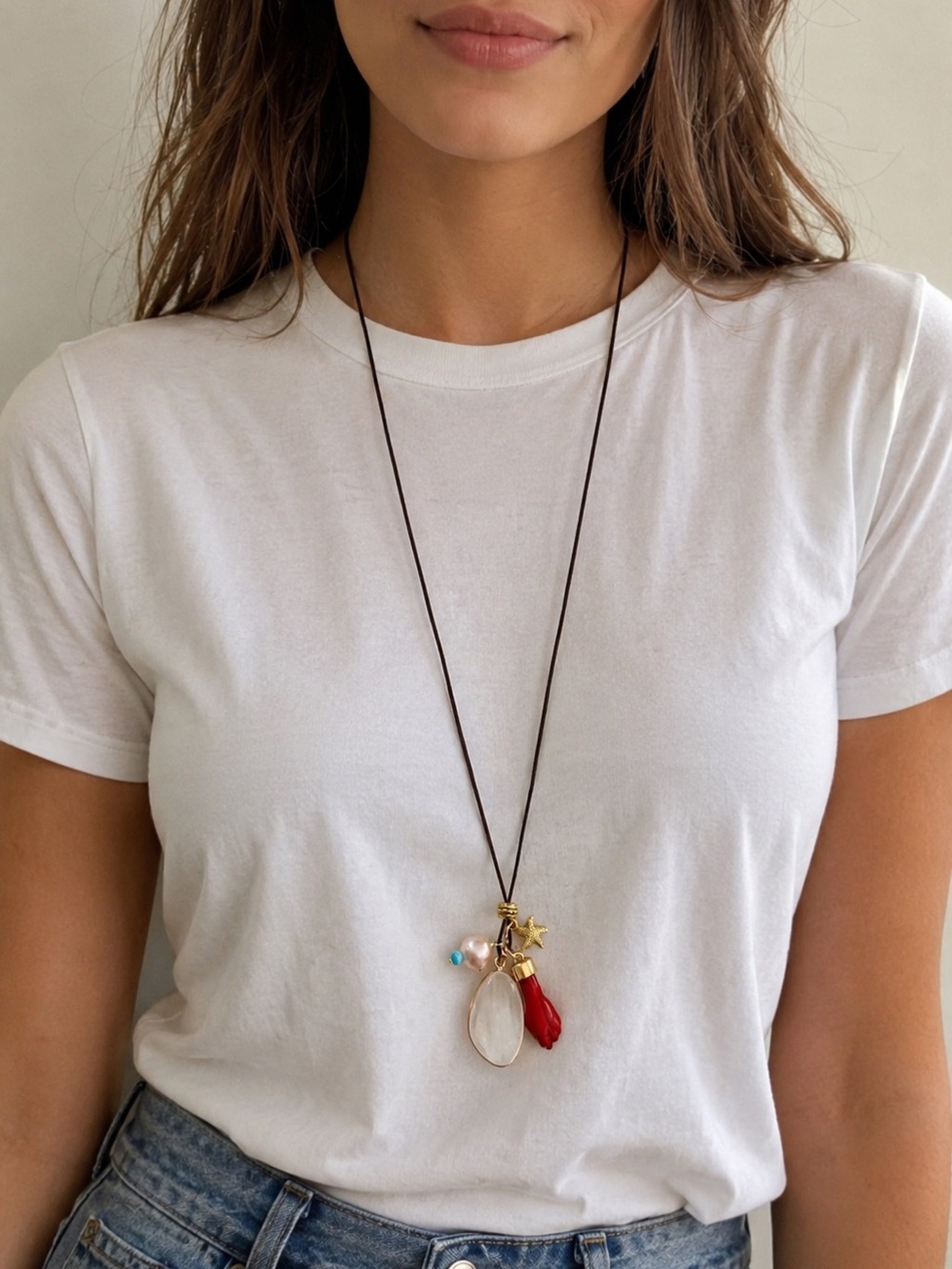 Boho Necklace with Sea Inspired Charms and Clear Quartz Pendant